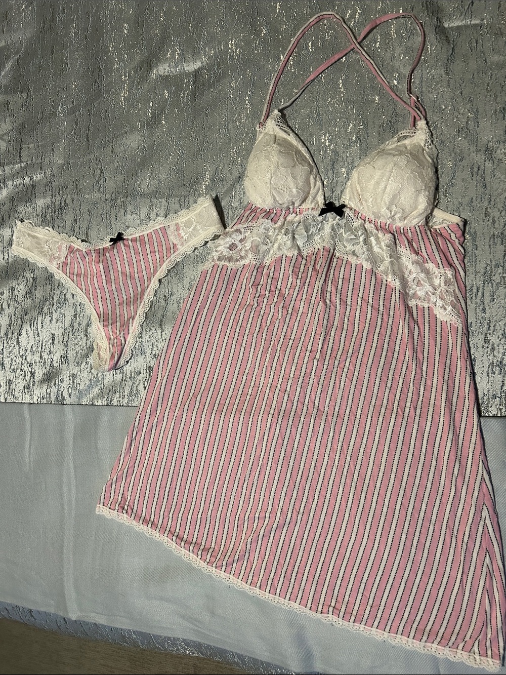 Victoria's Secret Pink & Cream Striped Lace Chemise with Matching Thong